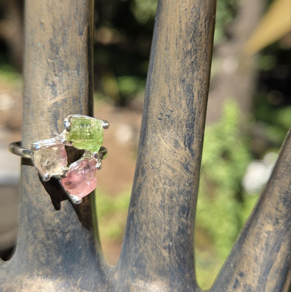 Green & Pink Tourmaline Triade Gemstone Sterling Ring Sz7.75 - Picture 6 of 8